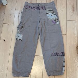 Anthropologie Taupe Cargo Pants with Camo & Purple Embroidery